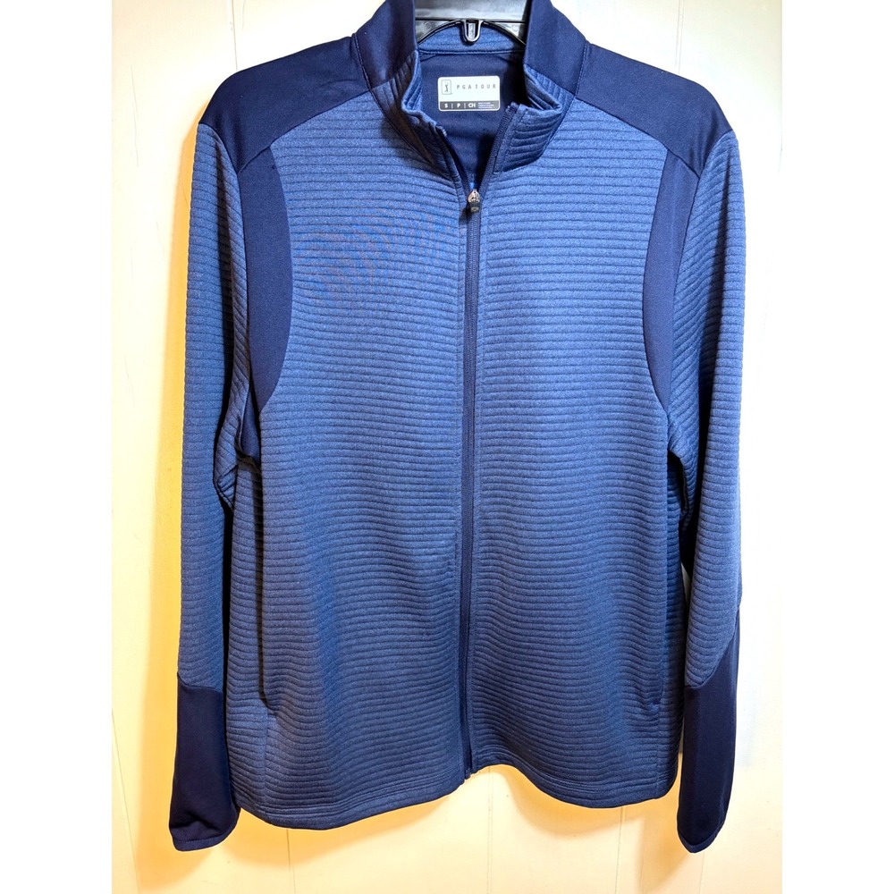 PGA Tour Mens Navy Blue Ribbed Full Zip Golf Jacket Size Medium Mock Neck Pocket